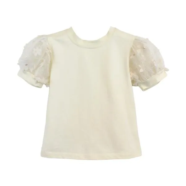 3D Floral Puff Sleeves Beige Tee