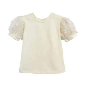 3D Floral Puff Sleeves Beige Tee