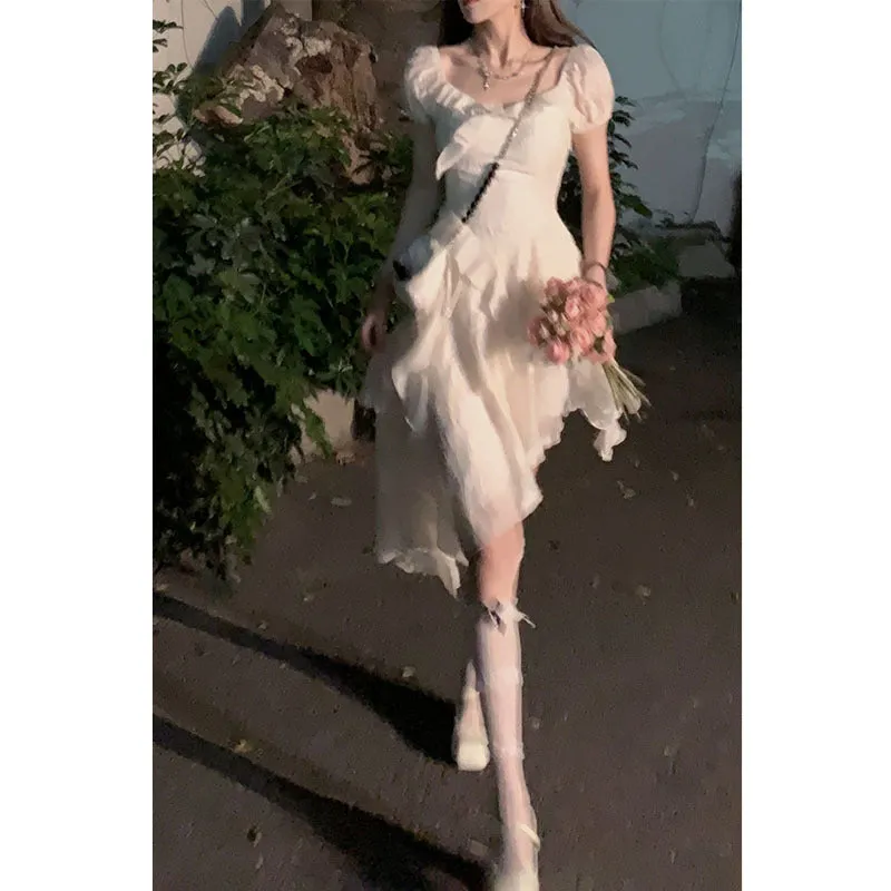 ARWEN&AJH GROUP مجموعة أروين 2024 French Tea Break Dress Women's 2024 Early Spring And Summer New White Ruffled Irregular Slim Short Skirt