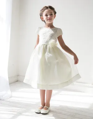 Attractive Lace and Mirror Organza Dress with a Satin Blossom - Ivory