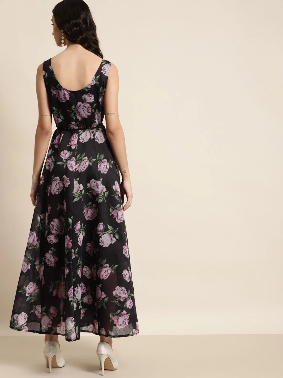 Black & Pink Floral Sleeveless Anarkali Dress