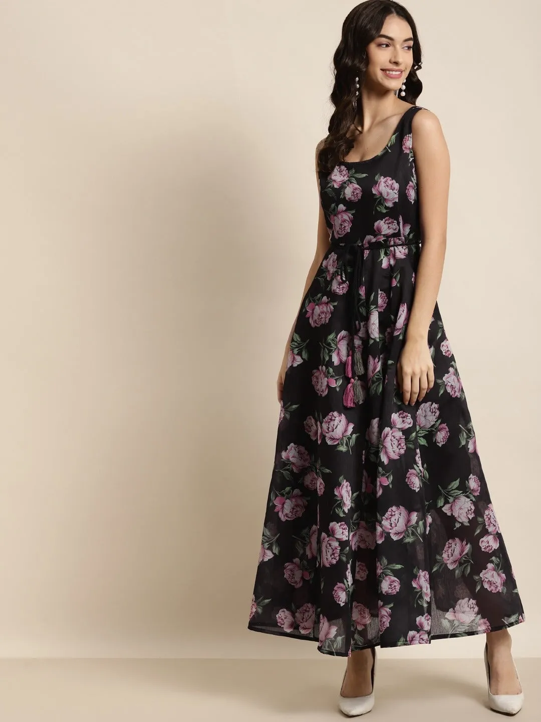 Black & Pink Floral Sleeveless Anarkali Dress