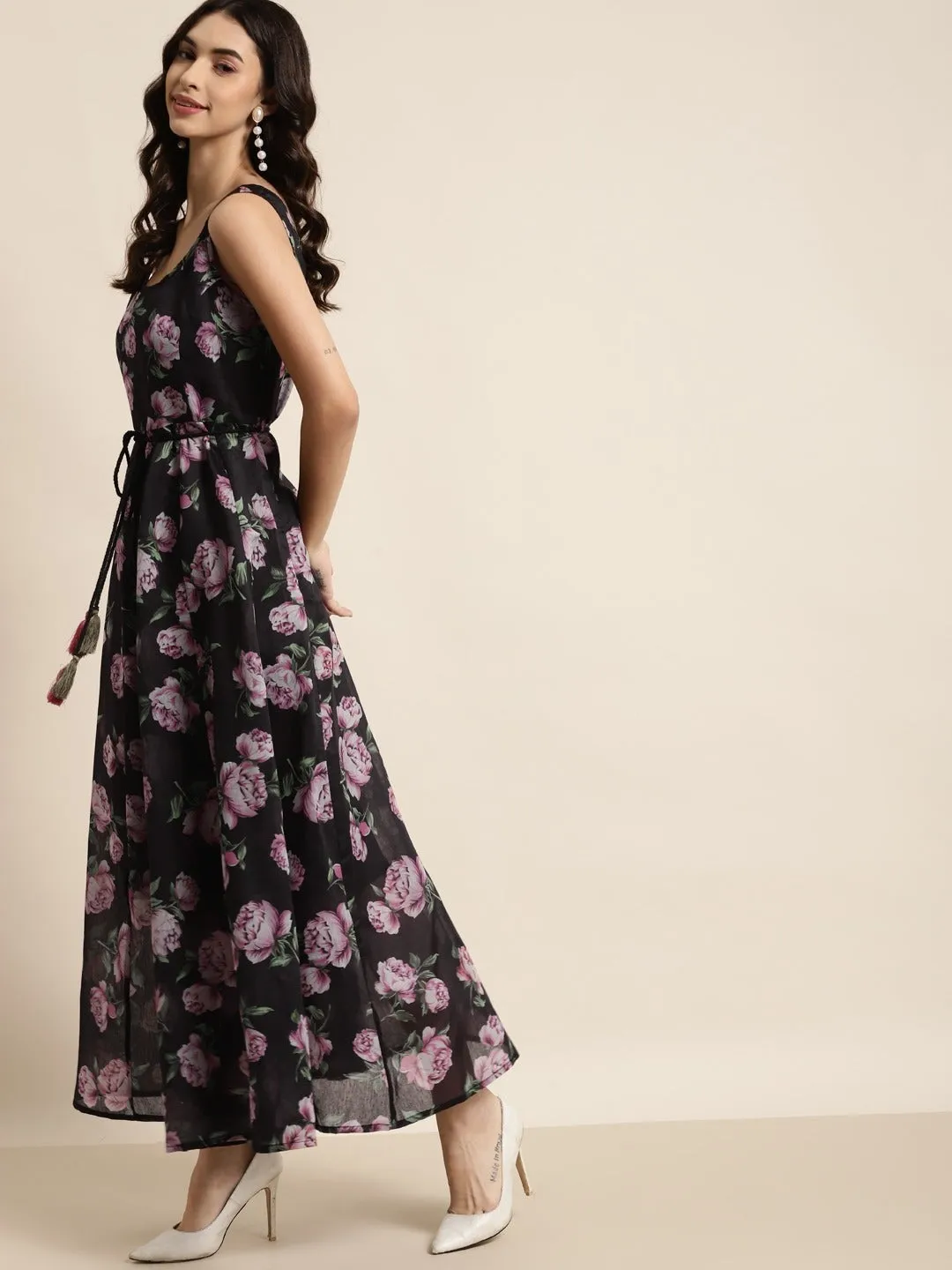 Black & Pink Floral Sleeveless Anarkali Dress