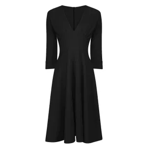 Black Deep V Neck 3/4 Sleeve Rockabilly 50s Swing Dress