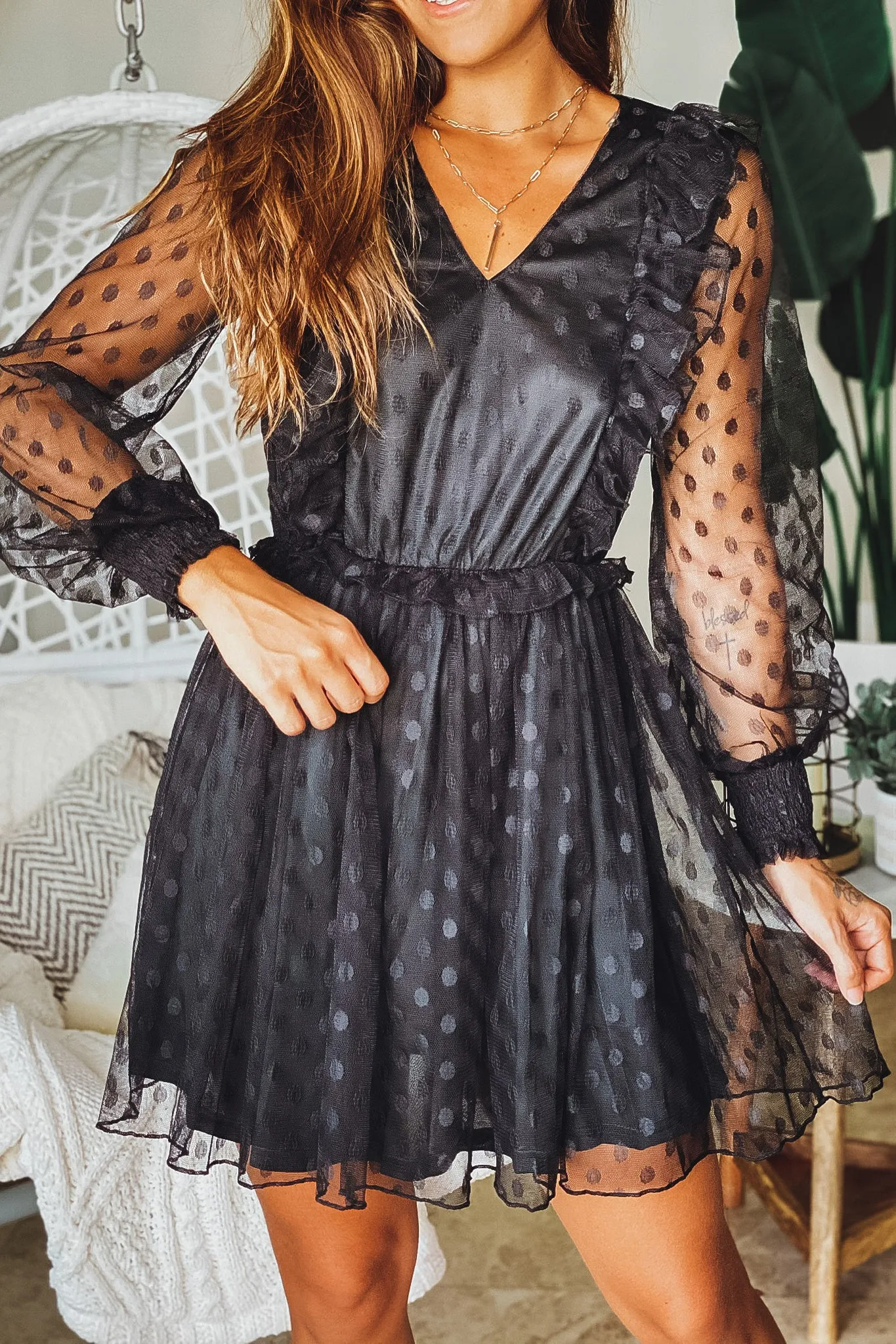 Black Mesh Polka Dot Short Dress