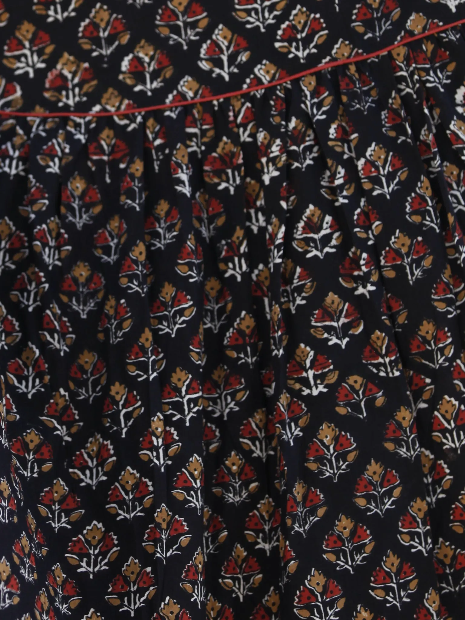 Black Peanut Brown Red Front Open Hand Block Printed Cotton Tier Dress With Stand Collar - D193F884