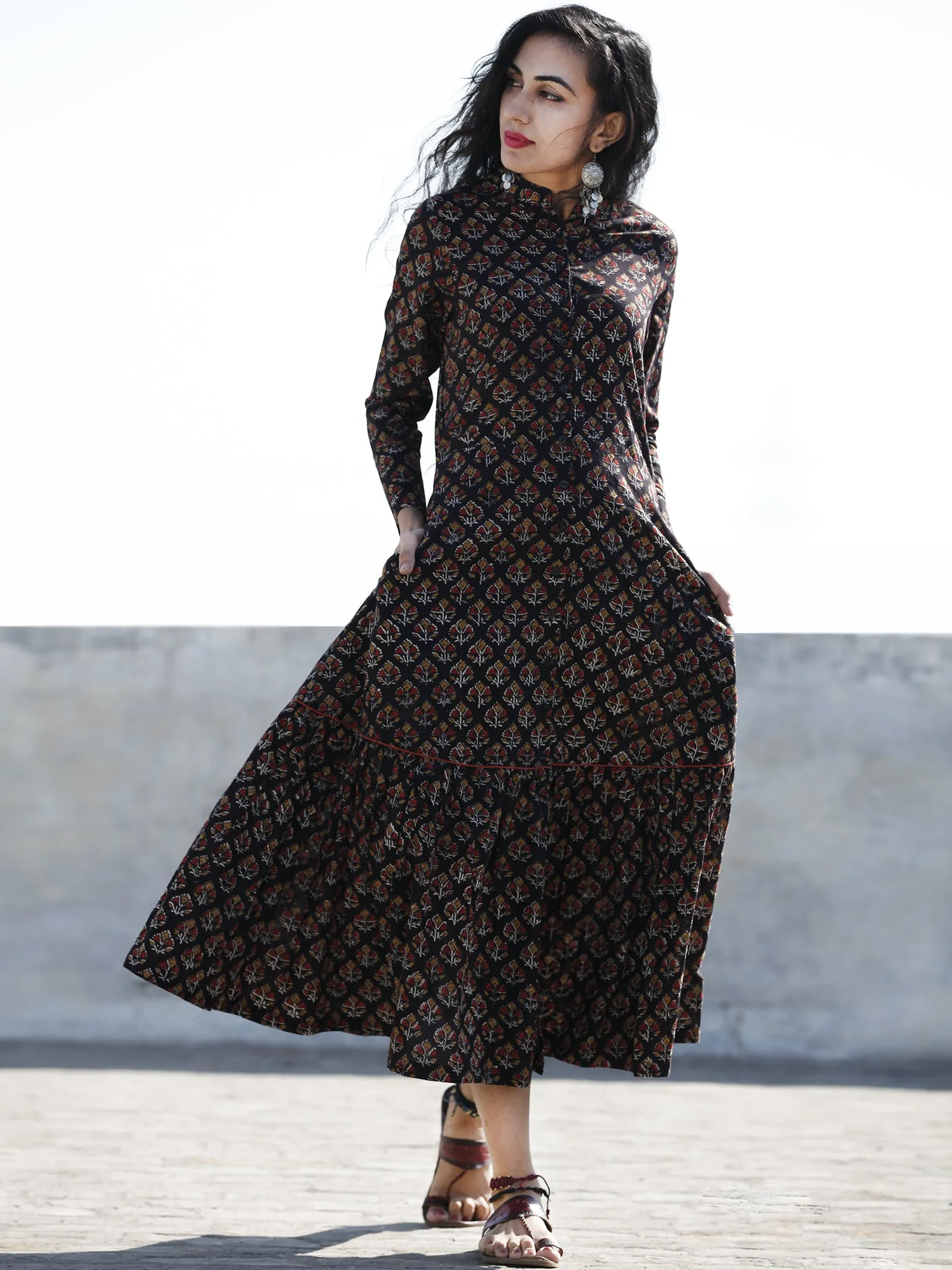 Black Peanut Brown Red Front Open Hand Block Printed Cotton Tier Dress With Stand Collar - D193F884