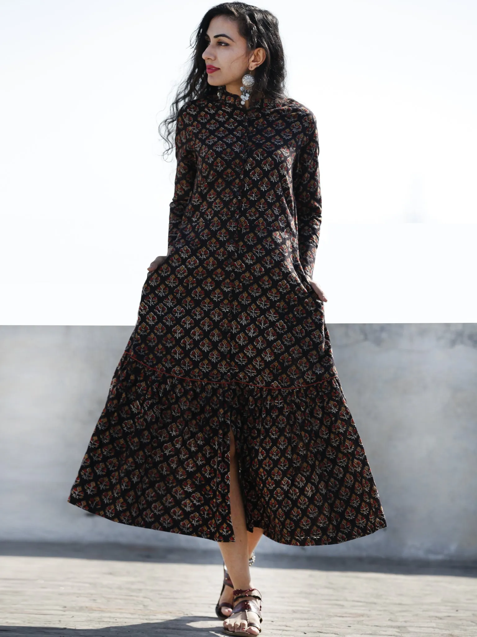 Black Peanut Brown Red Front Open Hand Block Printed Cotton Tier Dress With Stand Collar - D193F884