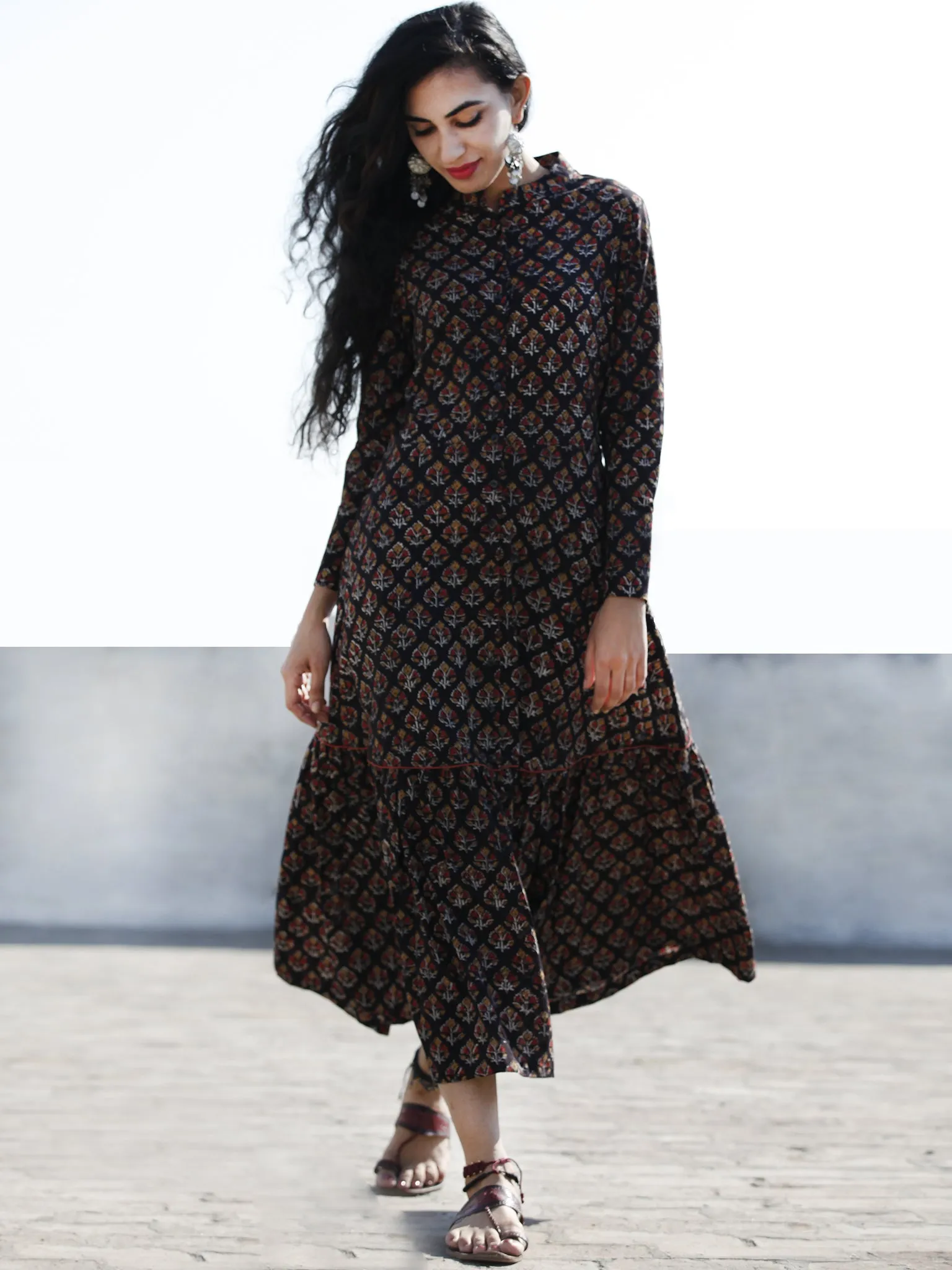 Black Peanut Brown Red Front Open Hand Block Printed Cotton Tier Dress With Stand Collar - D193F884