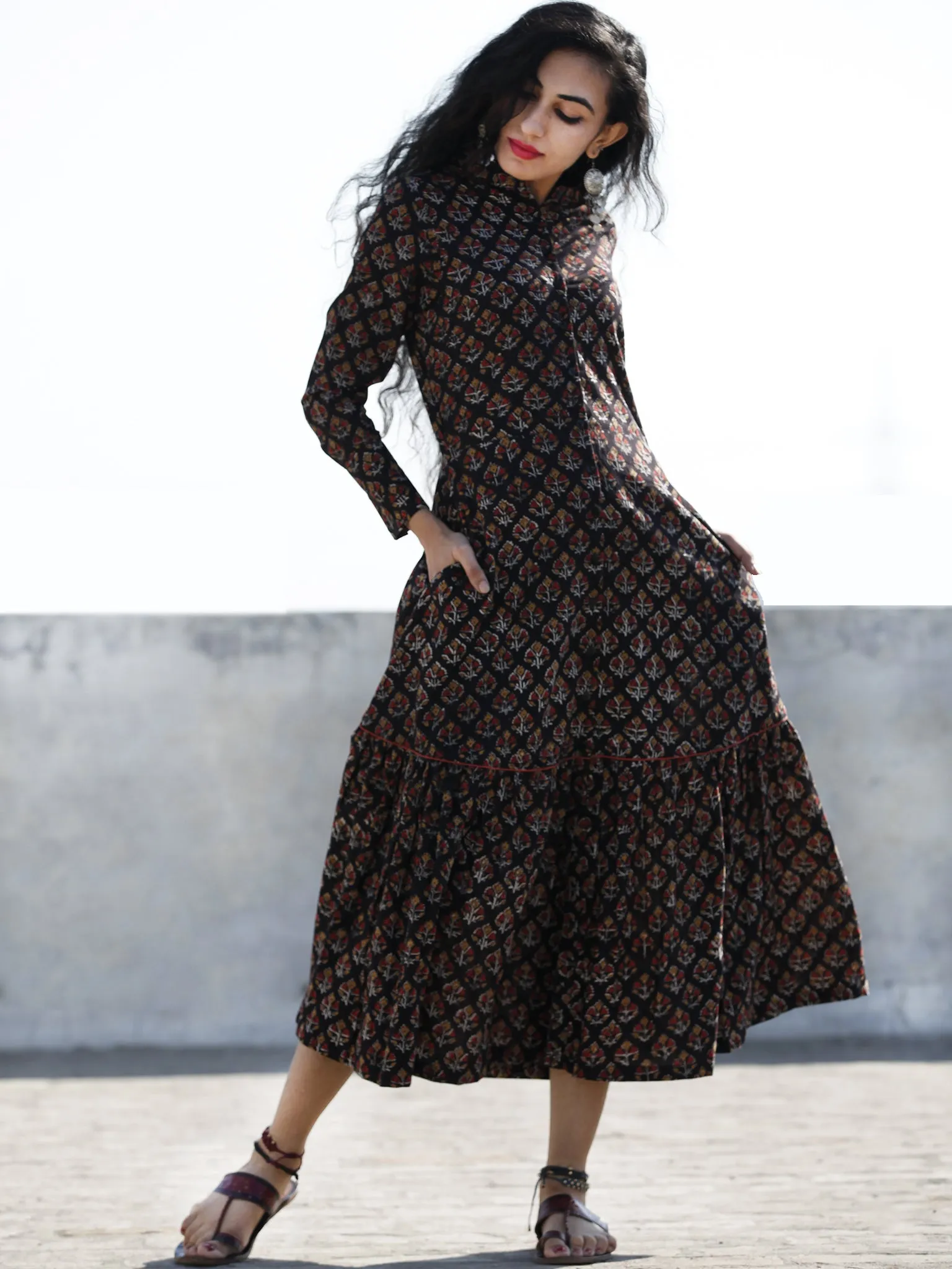 Black Peanut Brown Red Front Open Hand Block Printed Cotton Tier Dress With Stand Collar - D193F884