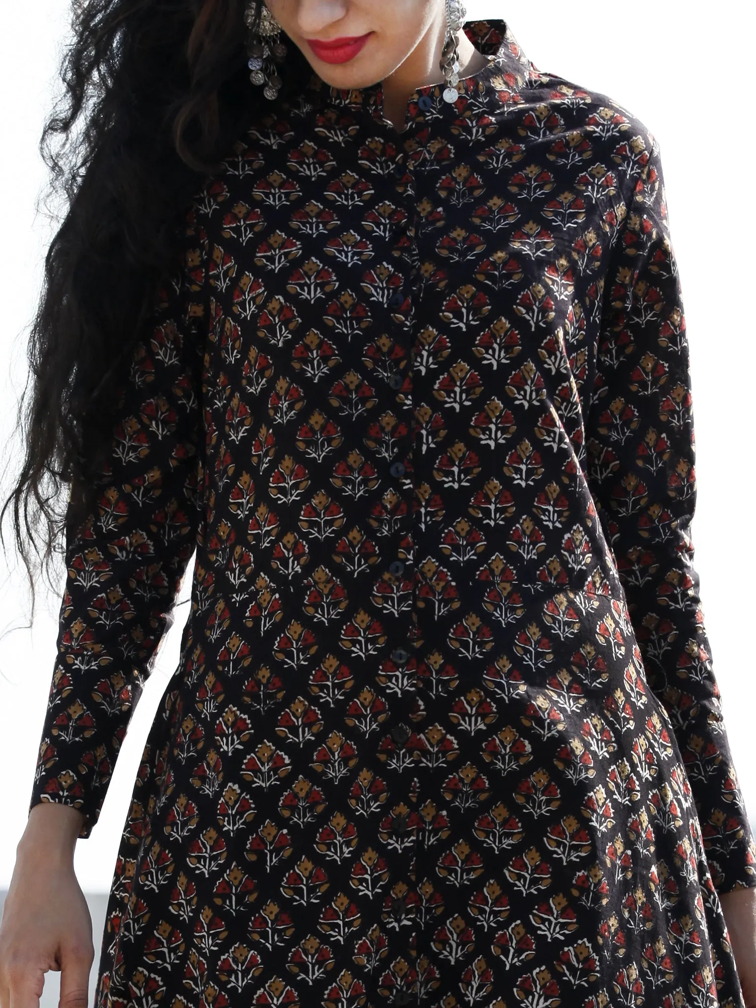 Black Peanut Brown Red Front Open Hand Block Printed Cotton Tier Dress With Stand Collar - D193F884