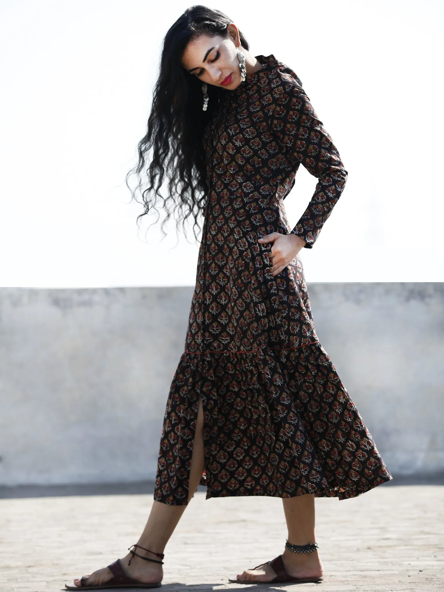 Black Peanut Brown Red Front Open Hand Block Printed Cotton Tier Dress With Stand Collar - D193F884