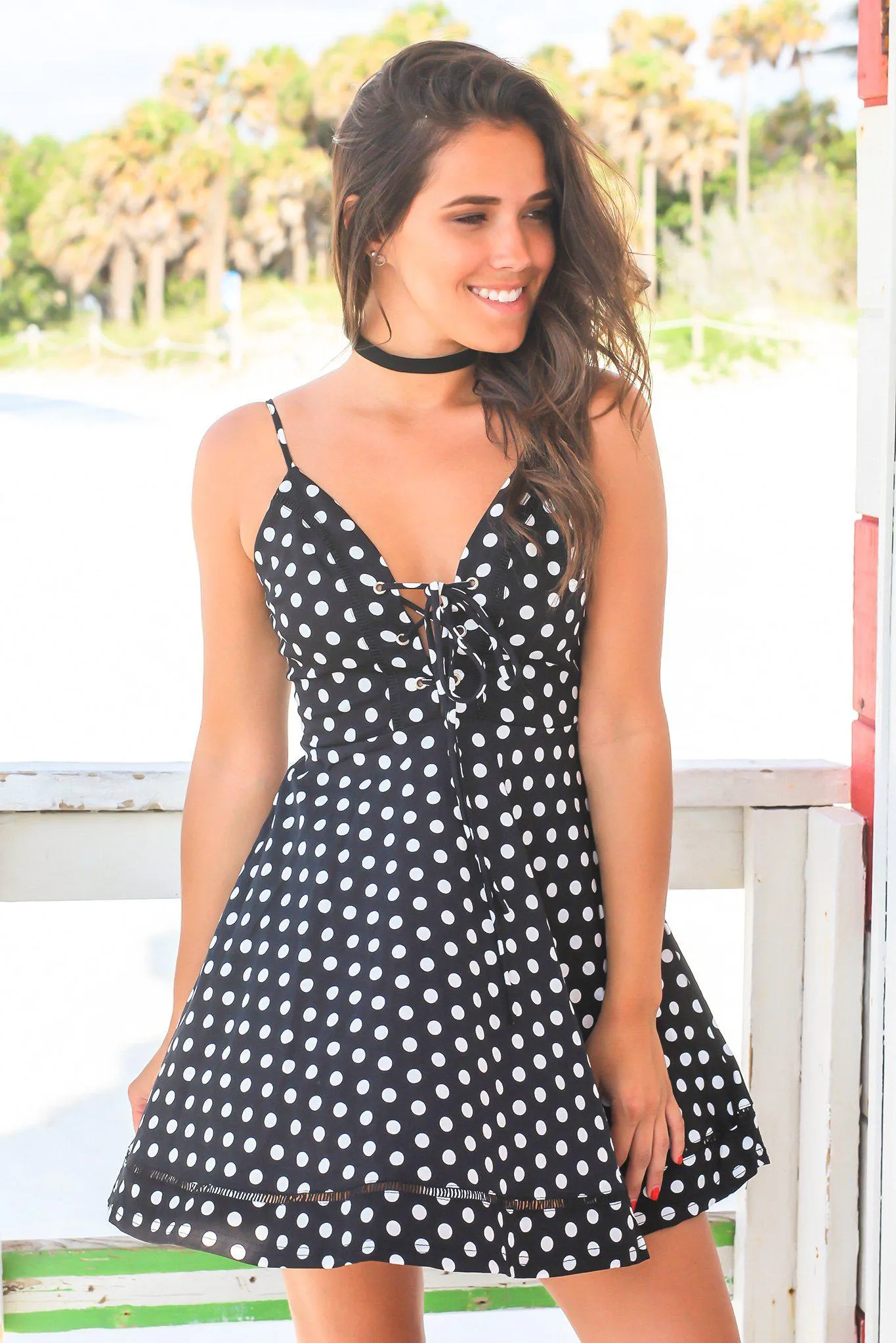 Black Polka Dot Short Dress with Lace Up Detail