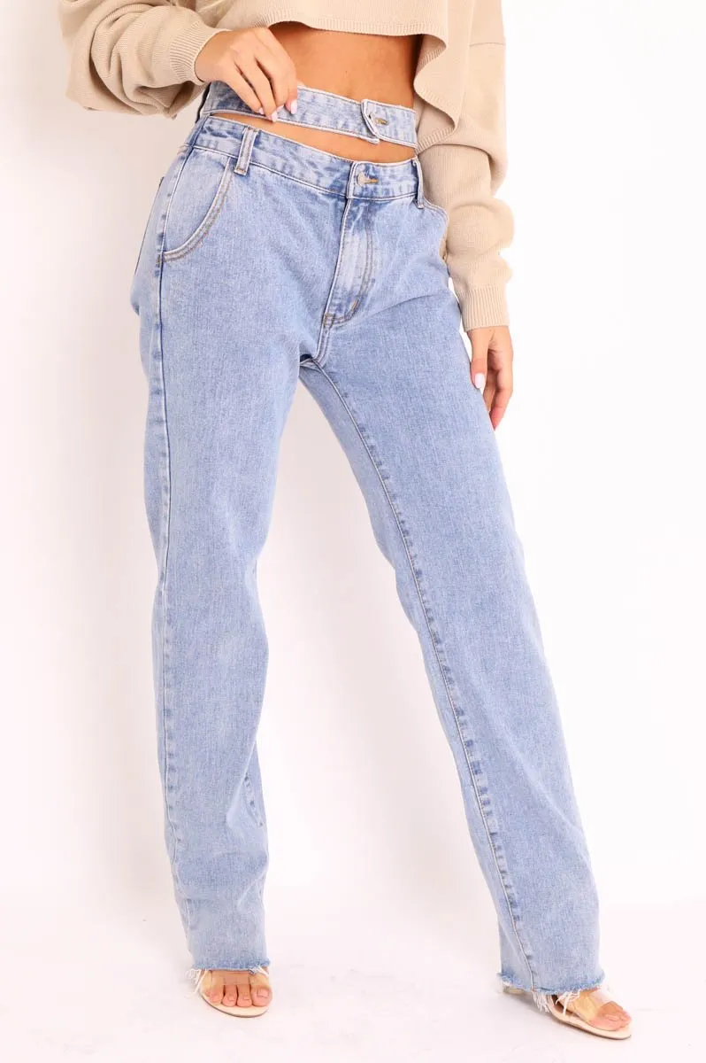 Blue Wash Denim Double Waist Mom Jeans - Dawn