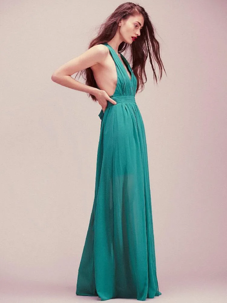 Bohemia style solid color backless evening dress