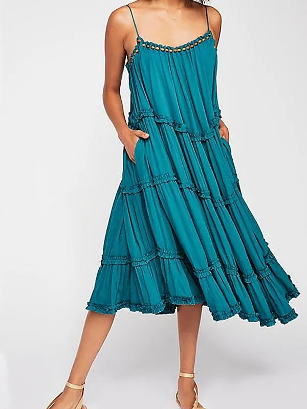 Bohemian Solid Color Sleeveless Stringy Selvedge Slip Maxi Dress