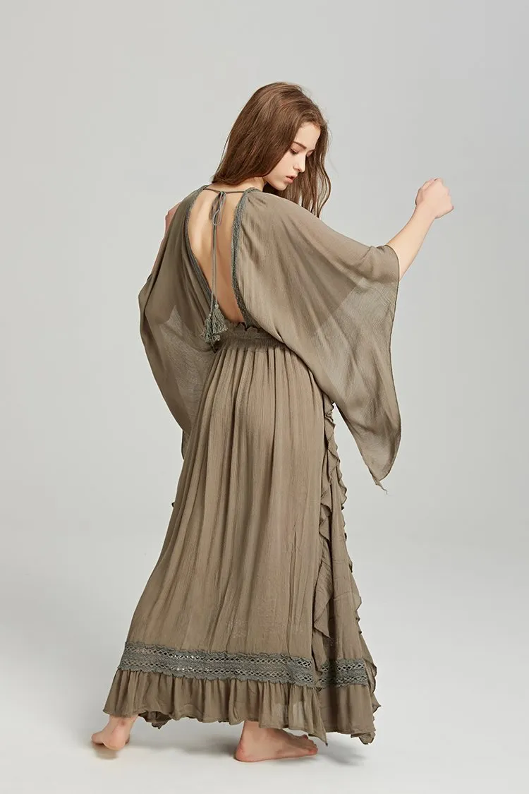 BOHO DEEP-V HIGH-WAISTED BACKLESS LONG DRESS