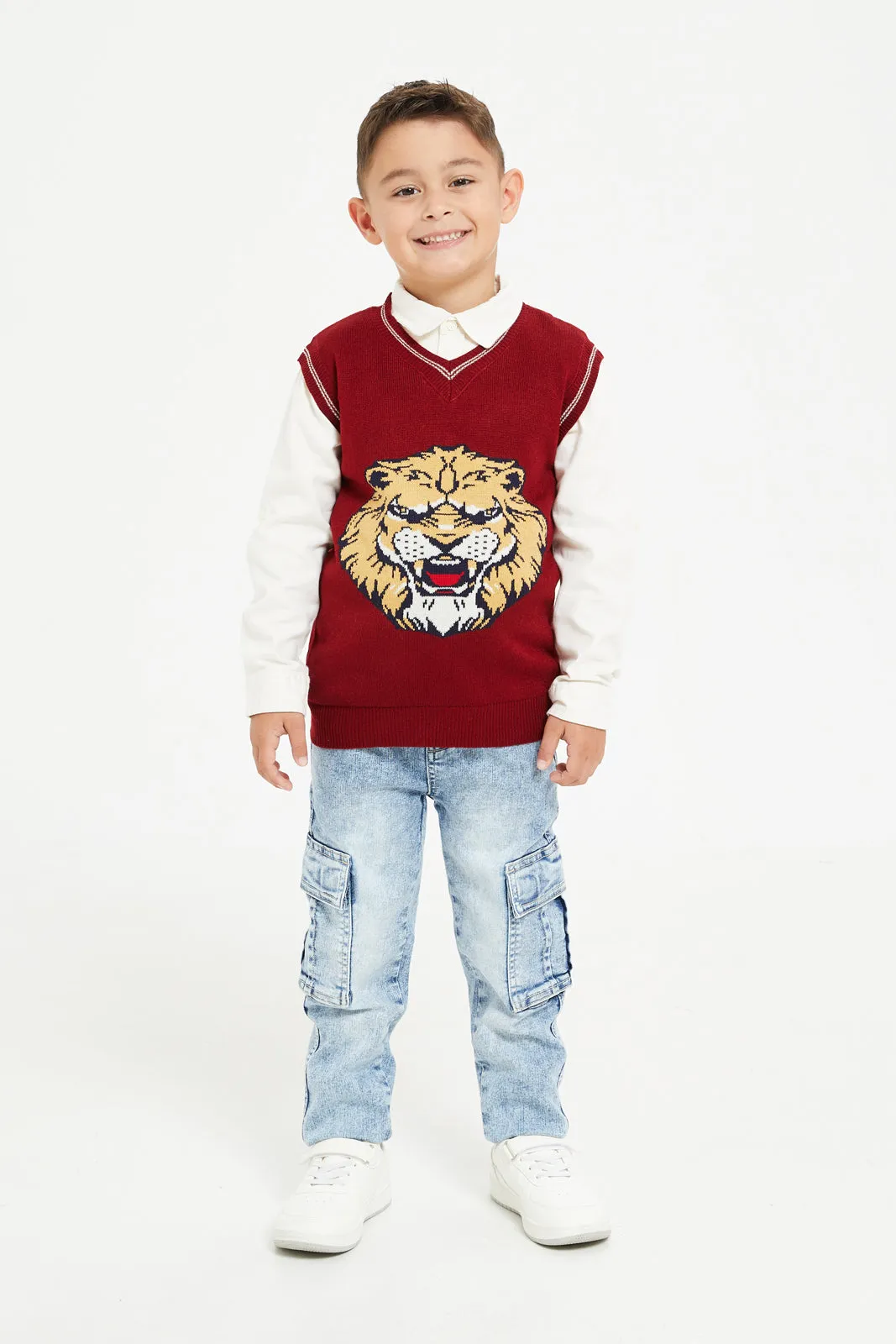 Boys Burgundy And White Shirt With Jumper Set (2 Piece)