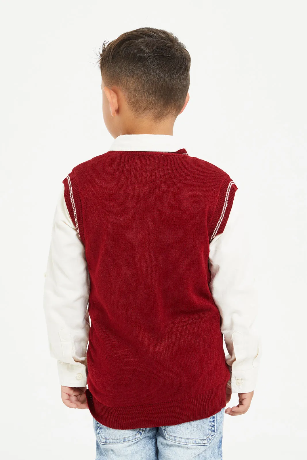 Boys Burgundy And White Shirt With Jumper Set (2 Piece)