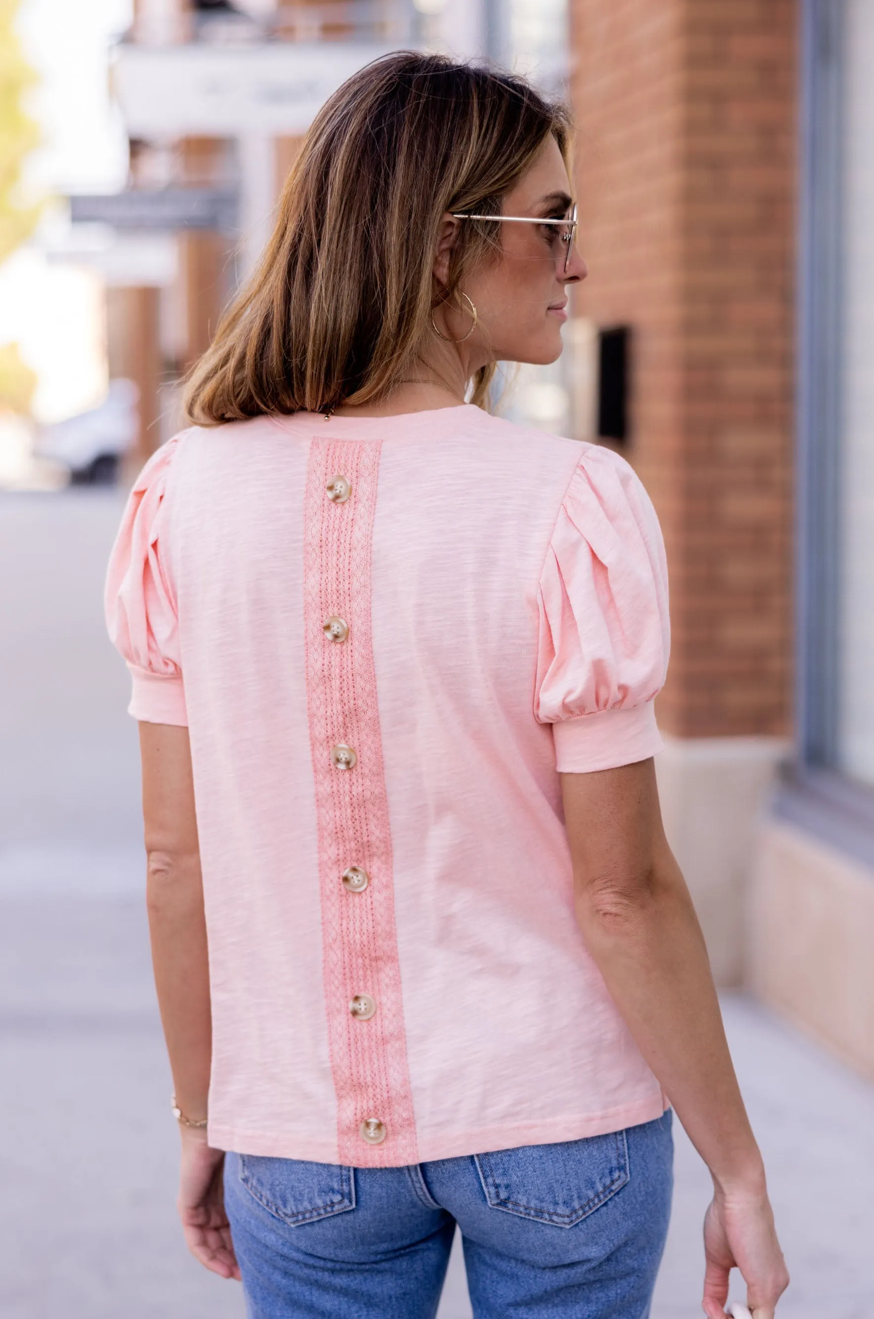 Button Back Puff Short Sleeve Top