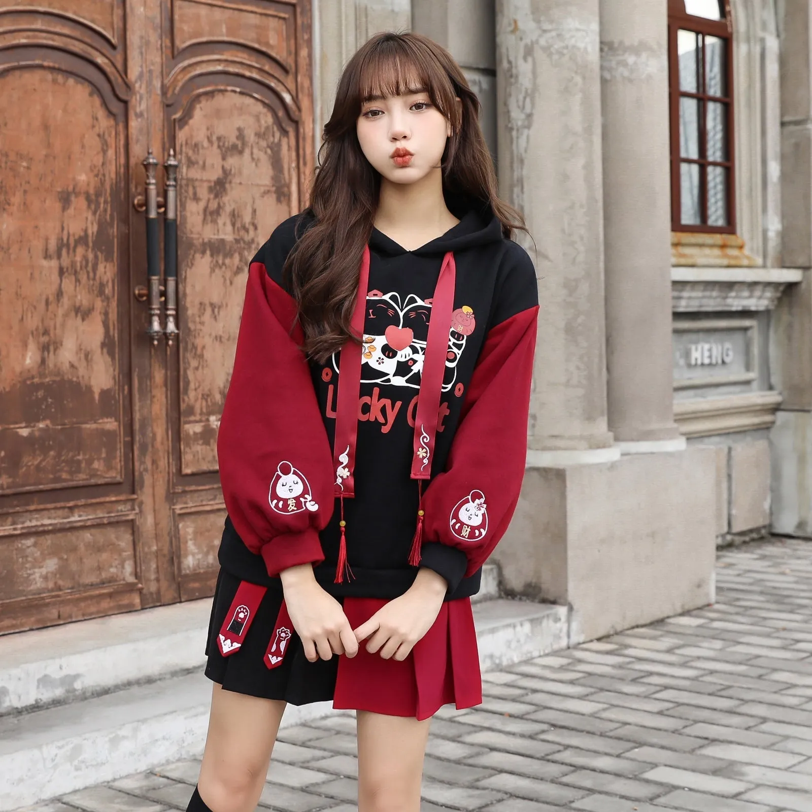 Cartoon Lucky Cat Letter Print Tassel Clolorblock Hoodie Cat Paws Skirt