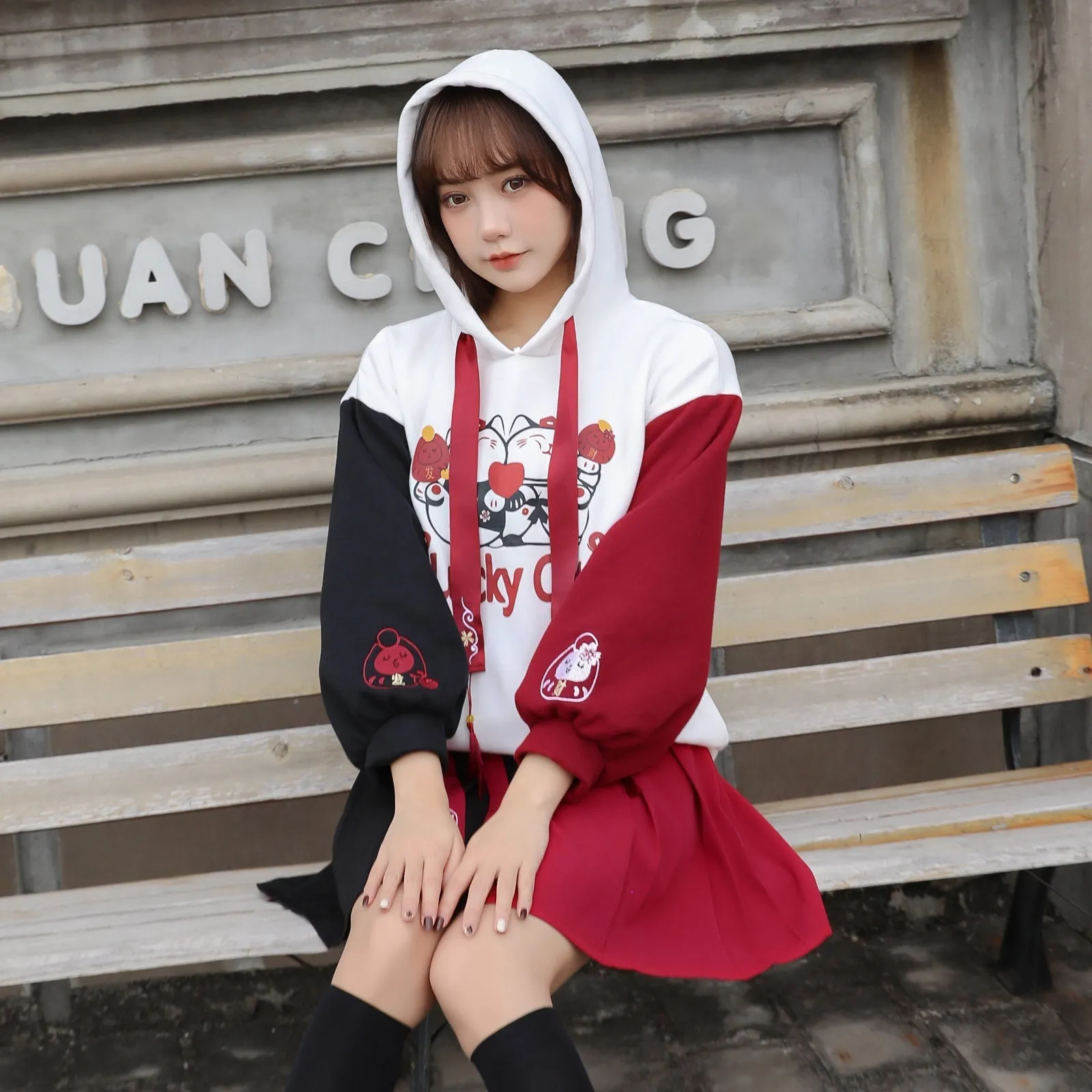 Cartoon Lucky Cat Letter Print Tassel Clolorblock Hoodie Cat Paws Skirt