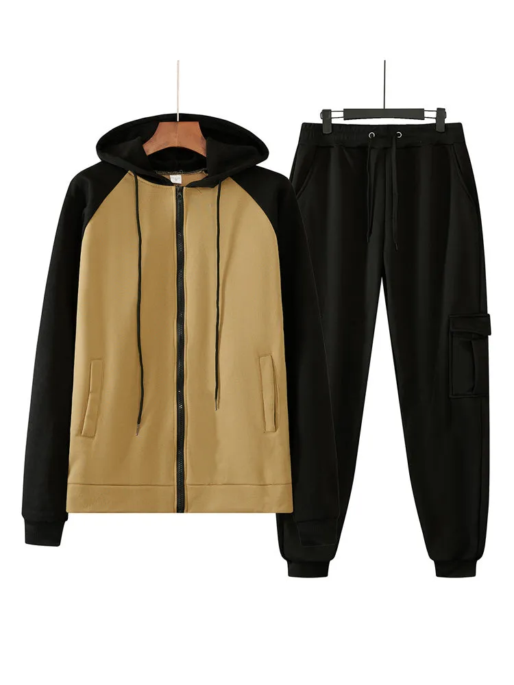 Casual Contrast Color Cardigan Sweatshirt Hoodiesets