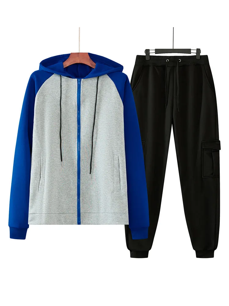 Casual Contrast Color Cardigan Sweatshirt Hoodiesets