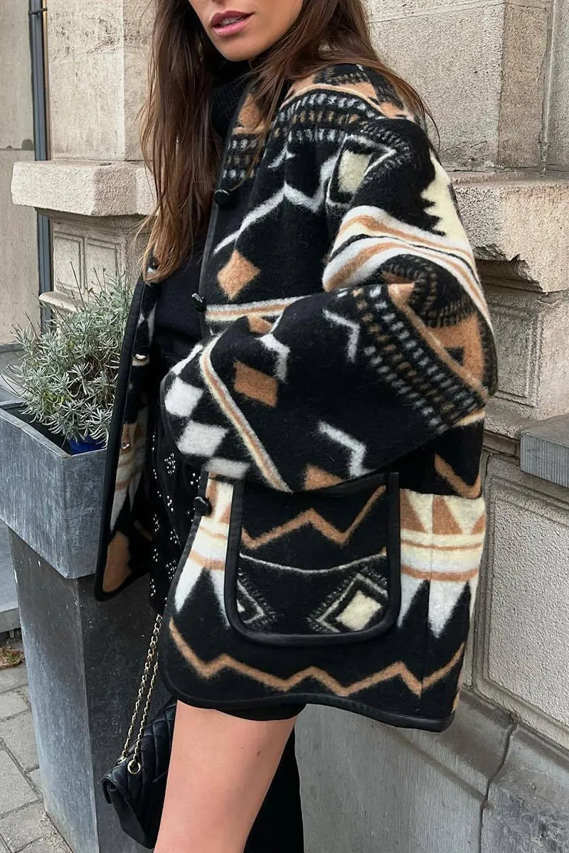 Casual Street Geometric Print Pocket U Neck Outerwear