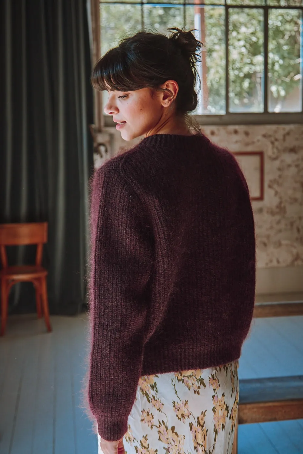 CHARLOTTE Round-Neck Cardigan in Merino-Mohair Wool - Plum