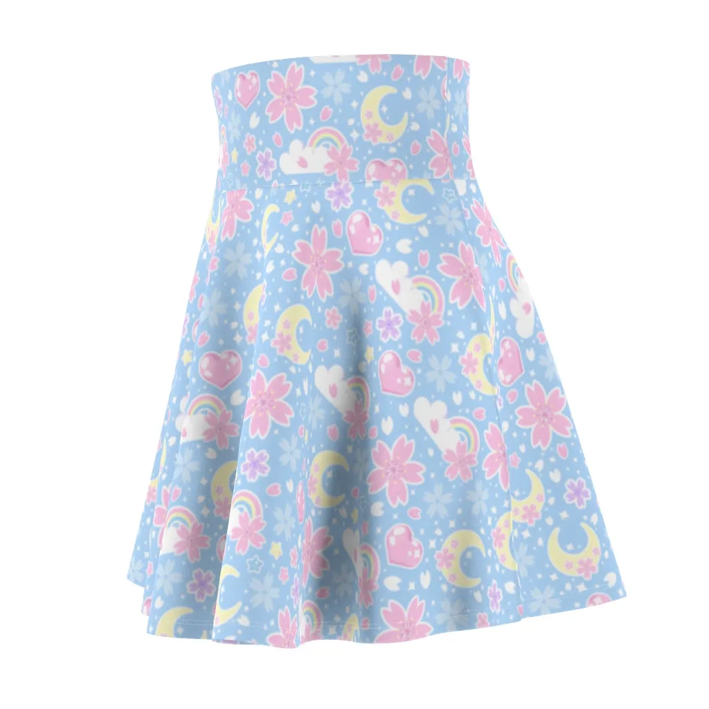 Cherry Blossom Dreams Blue High Waist Skater Skirt