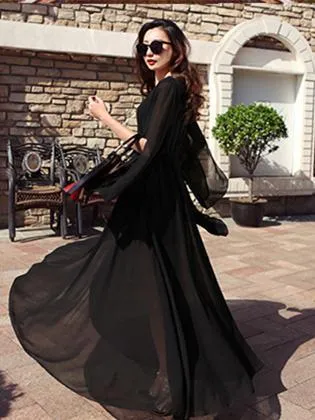 Chiffon Solid Color V-neck Flared Sleeves Maxi Dress