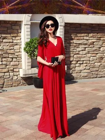 Chiffon Solid Color V-neck Flared Sleeves Maxi Dress