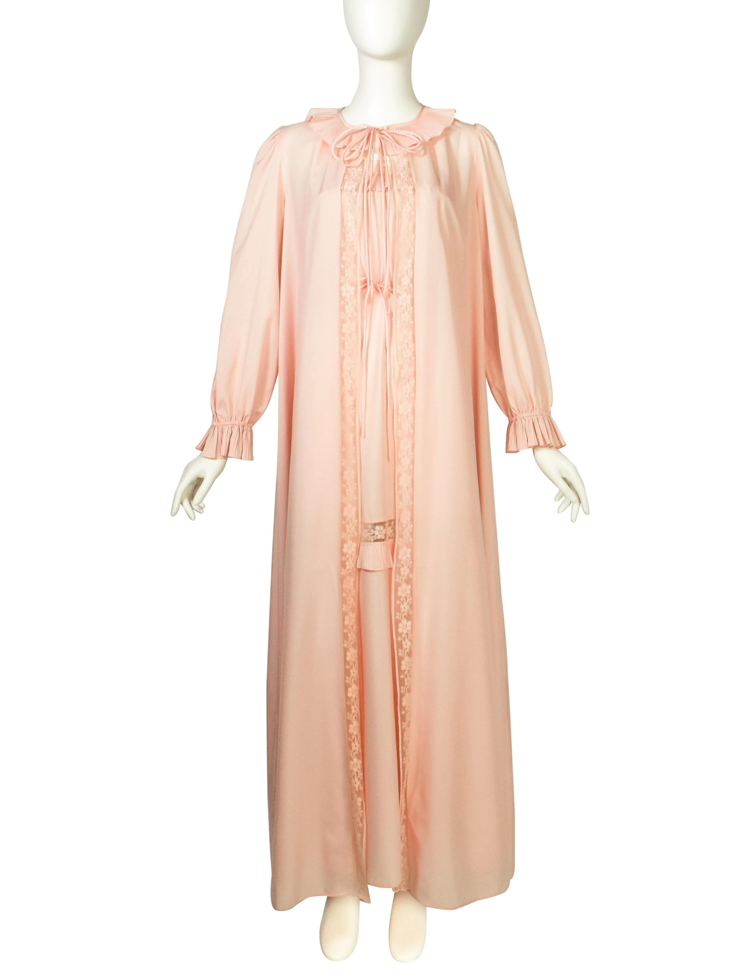 Chloe Vintage 1970s Baby Pink Slip Dress and Duster Robe Peignoir Ensemble Set