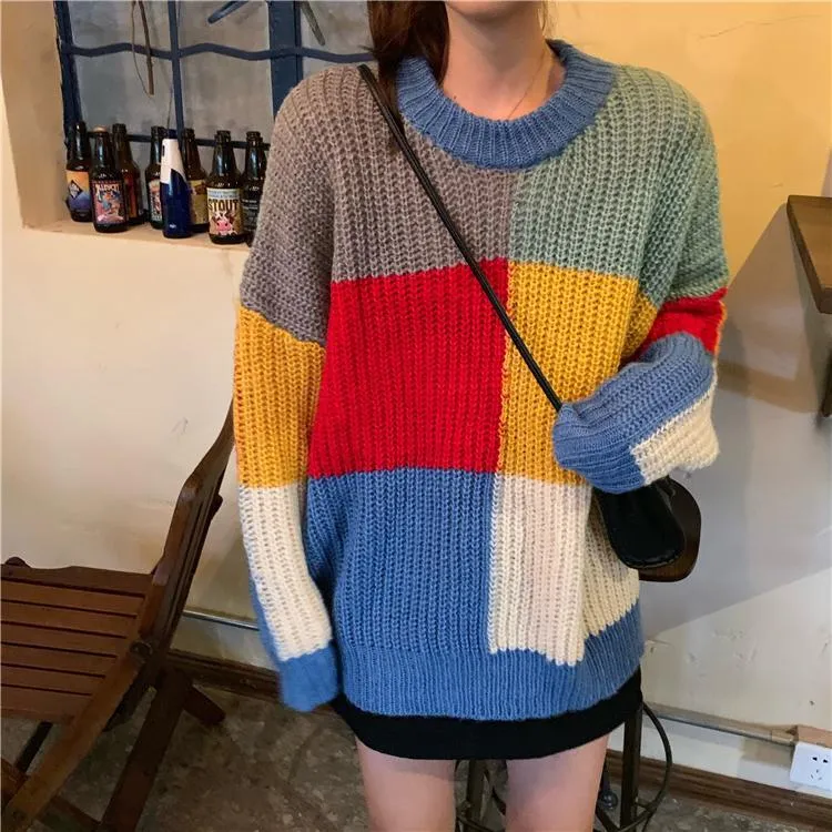 Contrast Color Block Oversized Knitted Sweater