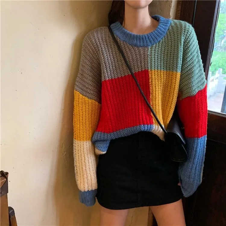 Contrast Color Block Oversized Knitted Sweater