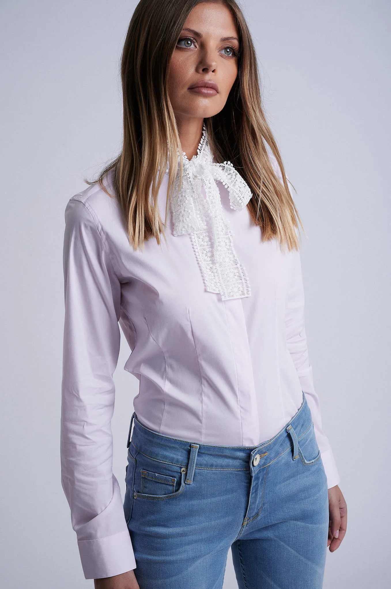 cotton elastane shirt with ribbon lace at collar