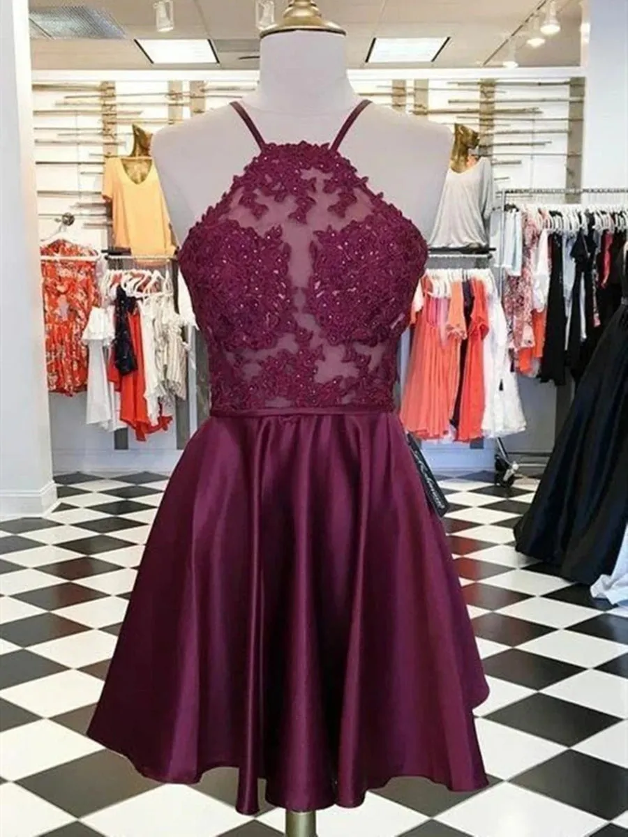 Cute Short Burgundy Lace Prom, Burgundy Lace Formal Graduation Evening, Burgundy Homecoming