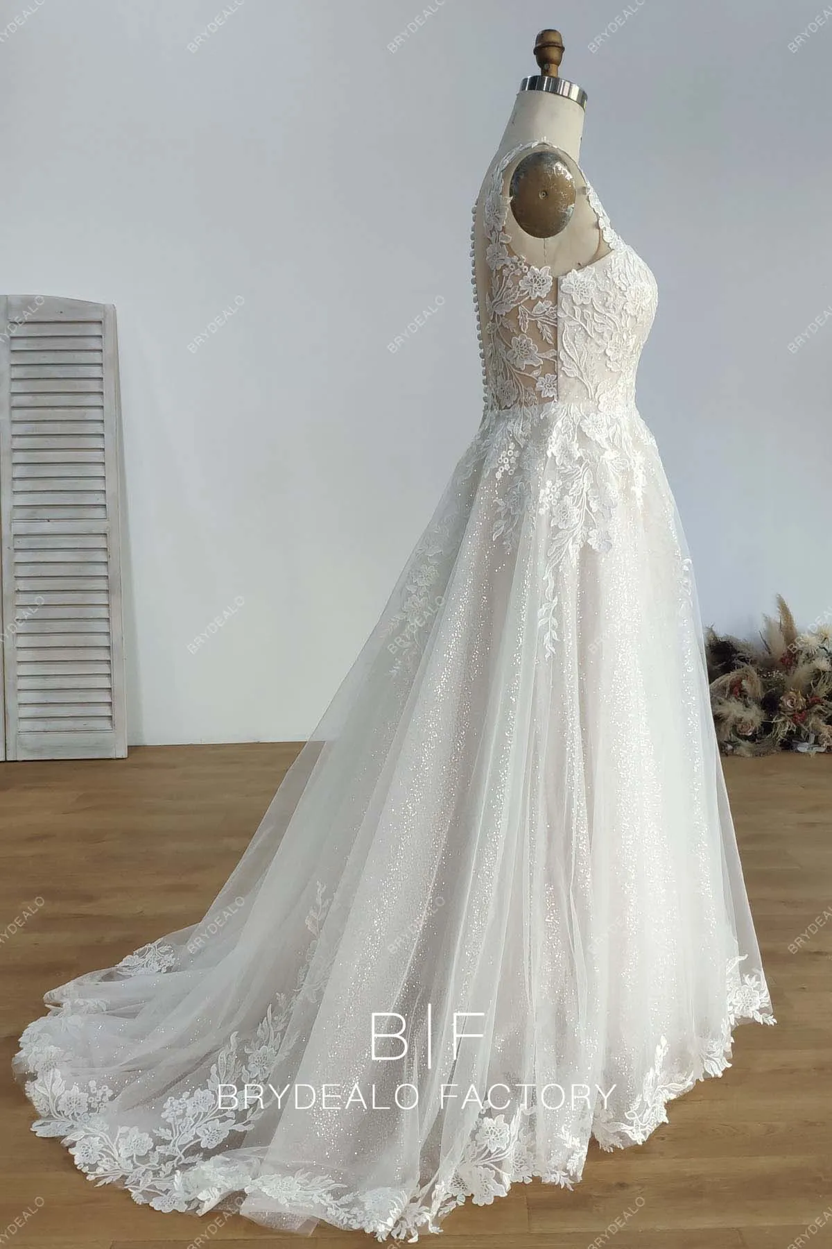 Designer Lace Glitter Ball Gown Rustic Long Custom Wedding Dress