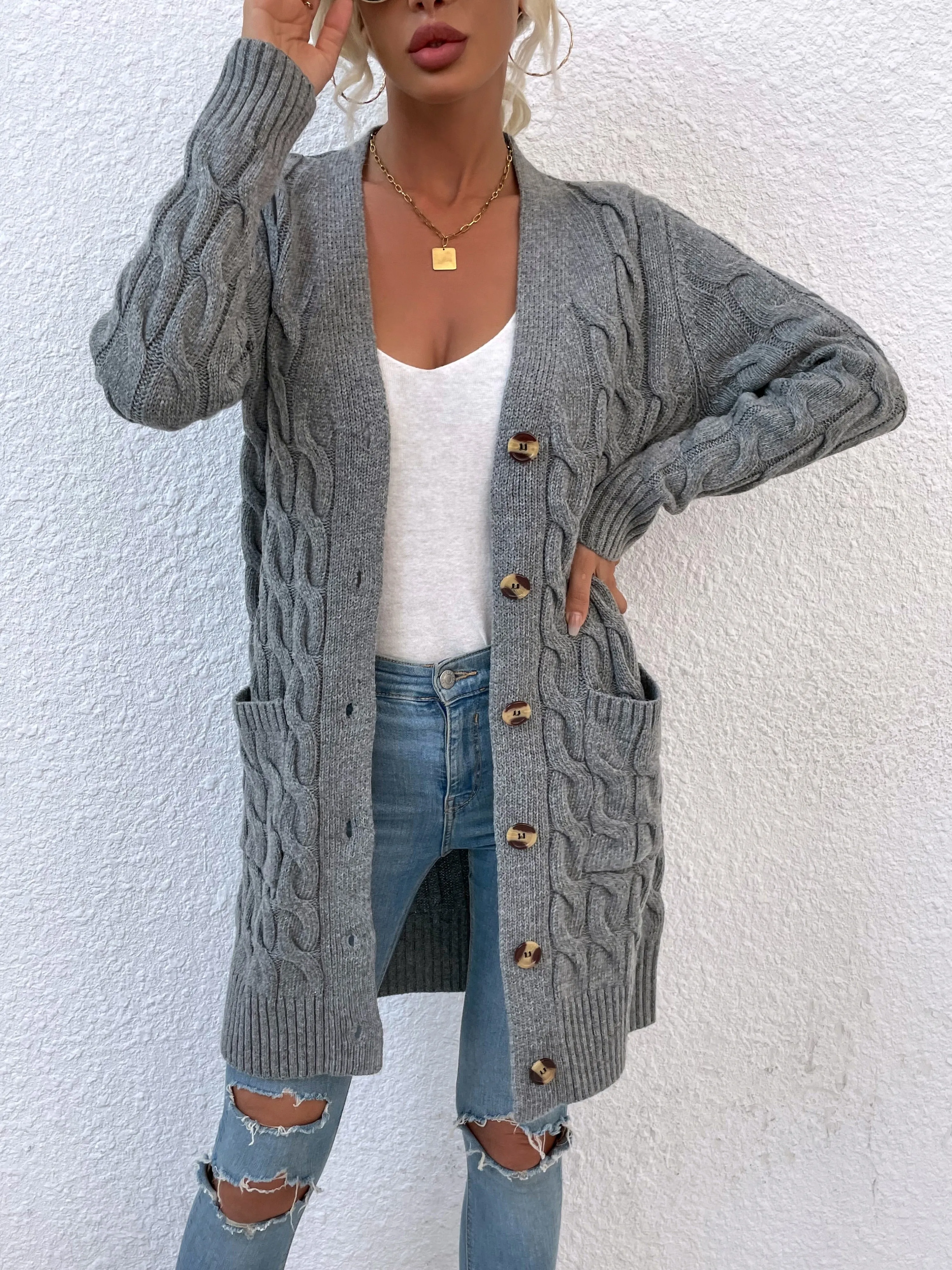 DressBetty - Twisted Rope Solid Color Knitted Cardigan