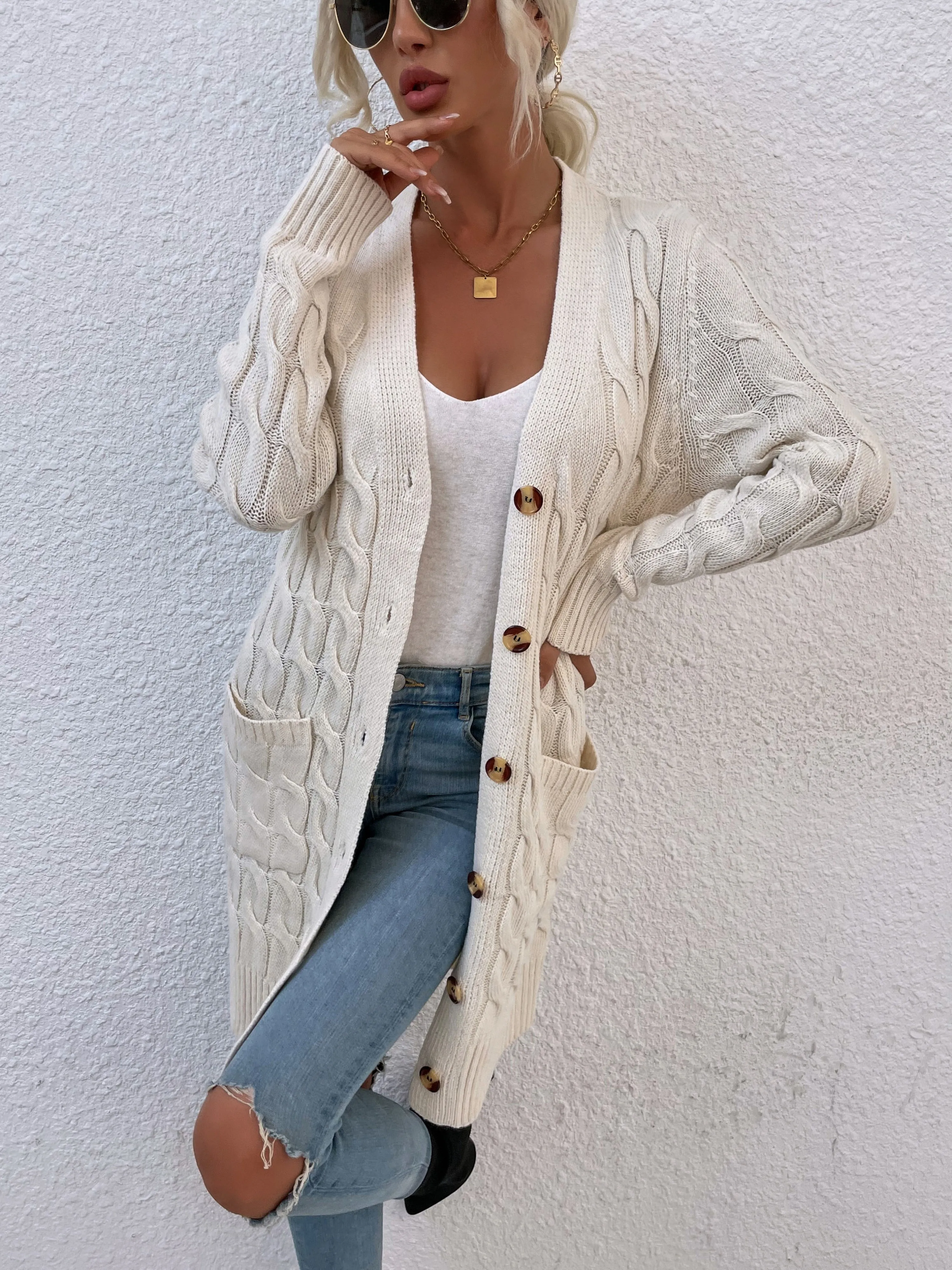 DressBetty - Twisted Rope Solid Color Knitted Cardigan