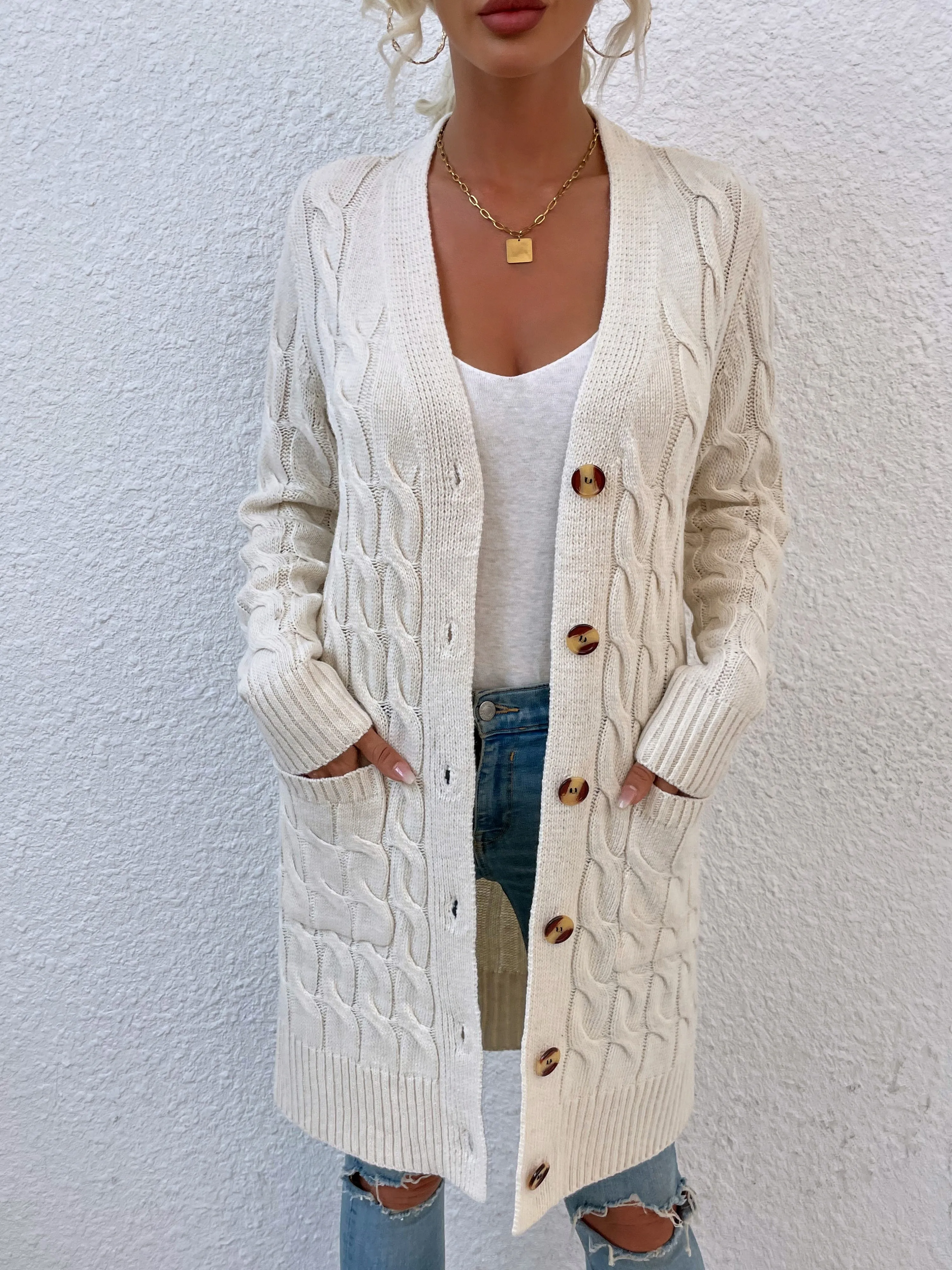 DressBetty - Twisted Rope Solid Color Knitted Cardigan