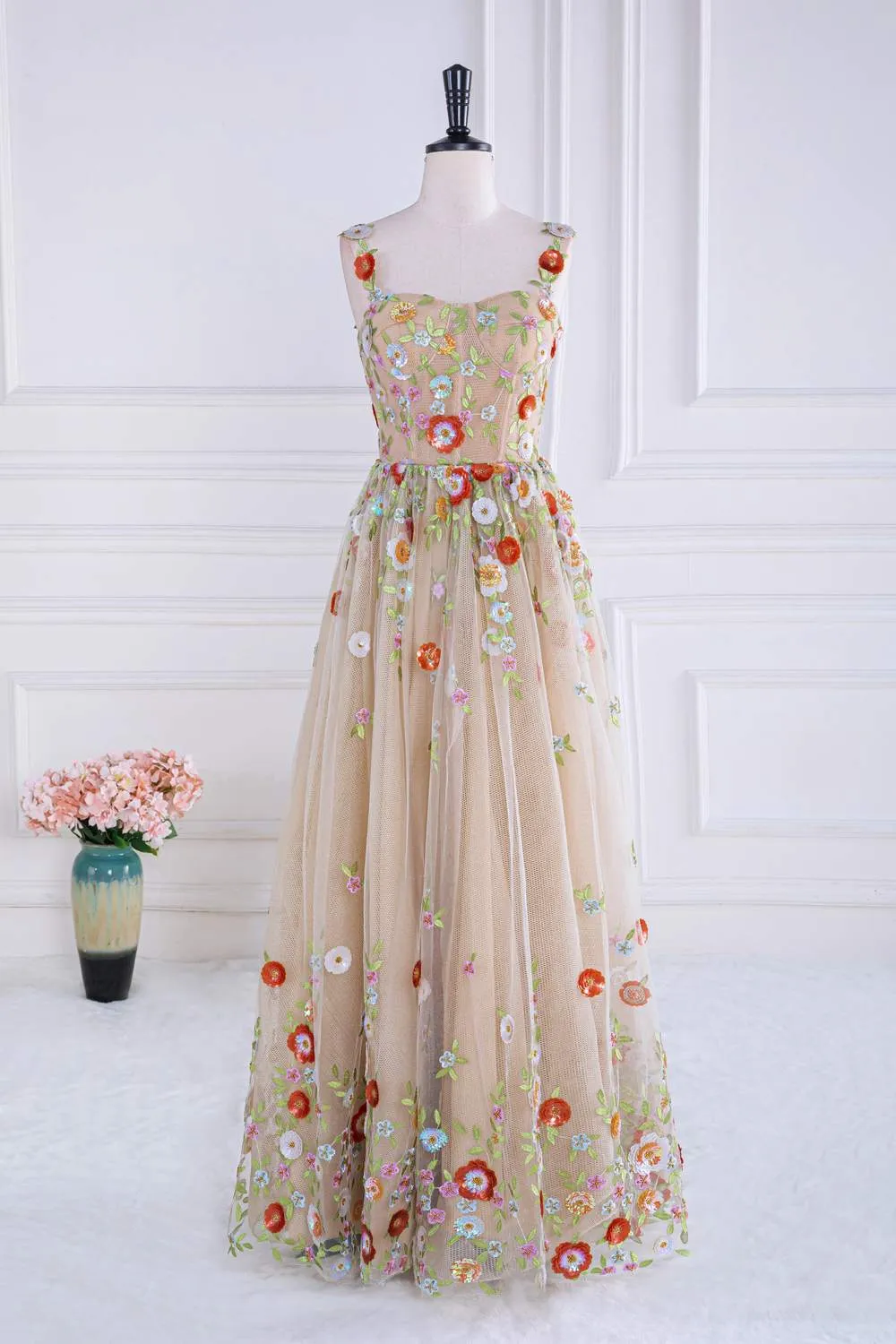 Dusty Pink Sequined Floral Appliques A-line Long Prom Dress