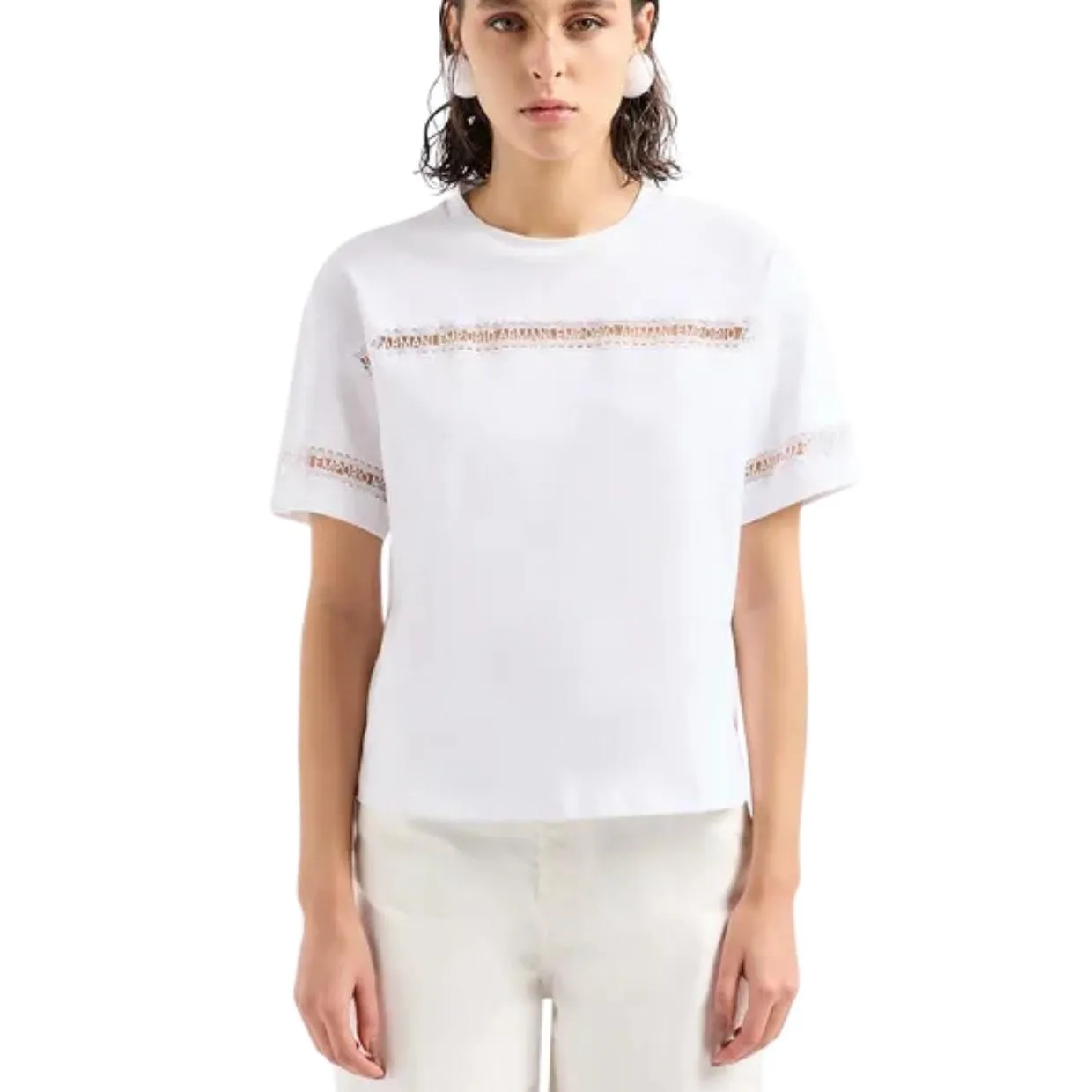 Emporio Armani Macramé Lace Logo Tape White T-Shirt