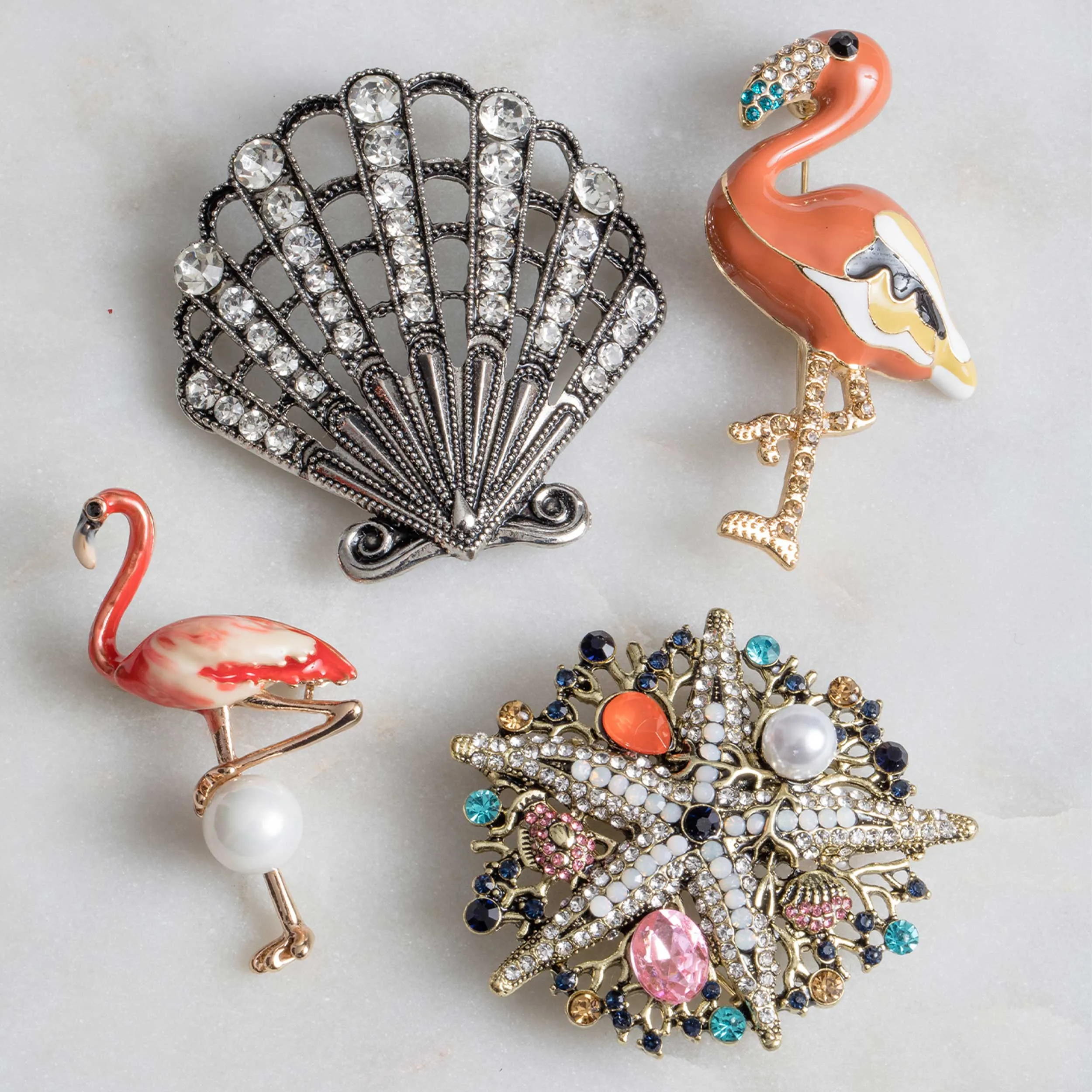 Enameled Pink Flamingo with Pearl Brooch