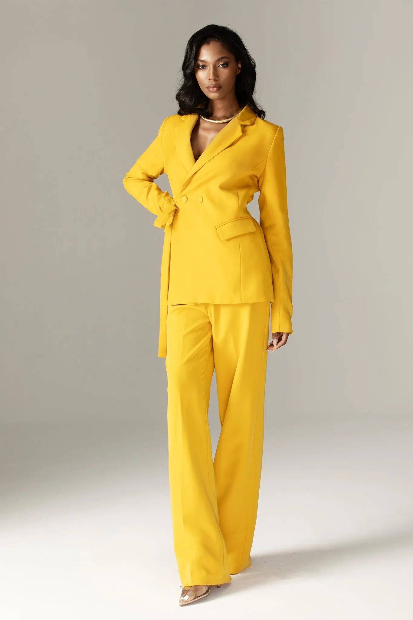 Erin Double Breasted Belted Blazer (Yellow)