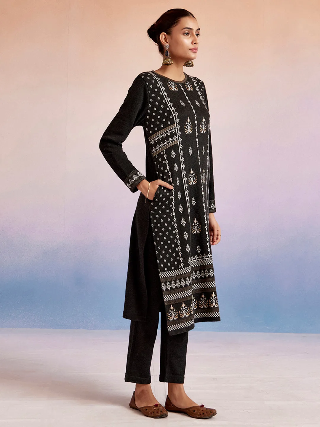 Ethnic Motif Printed Black Woolen Kurta Set