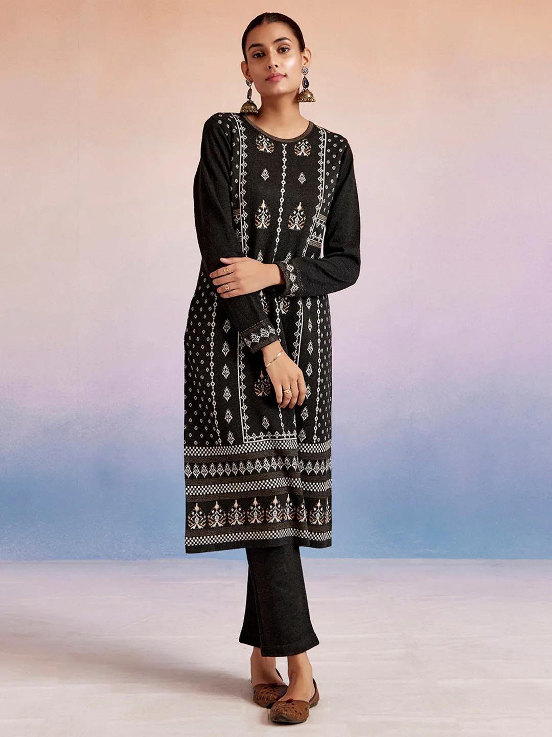 Ethnic Motif Printed Black Woolen Kurta Set