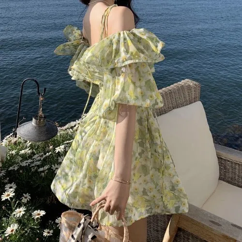 Fashionkova summer fits French First Love Sweet Spicy Gentle Tea Break Chiffon Floral Strap Dress Women's Spring and Summer Waist-Tight Fluffy Princess Dress