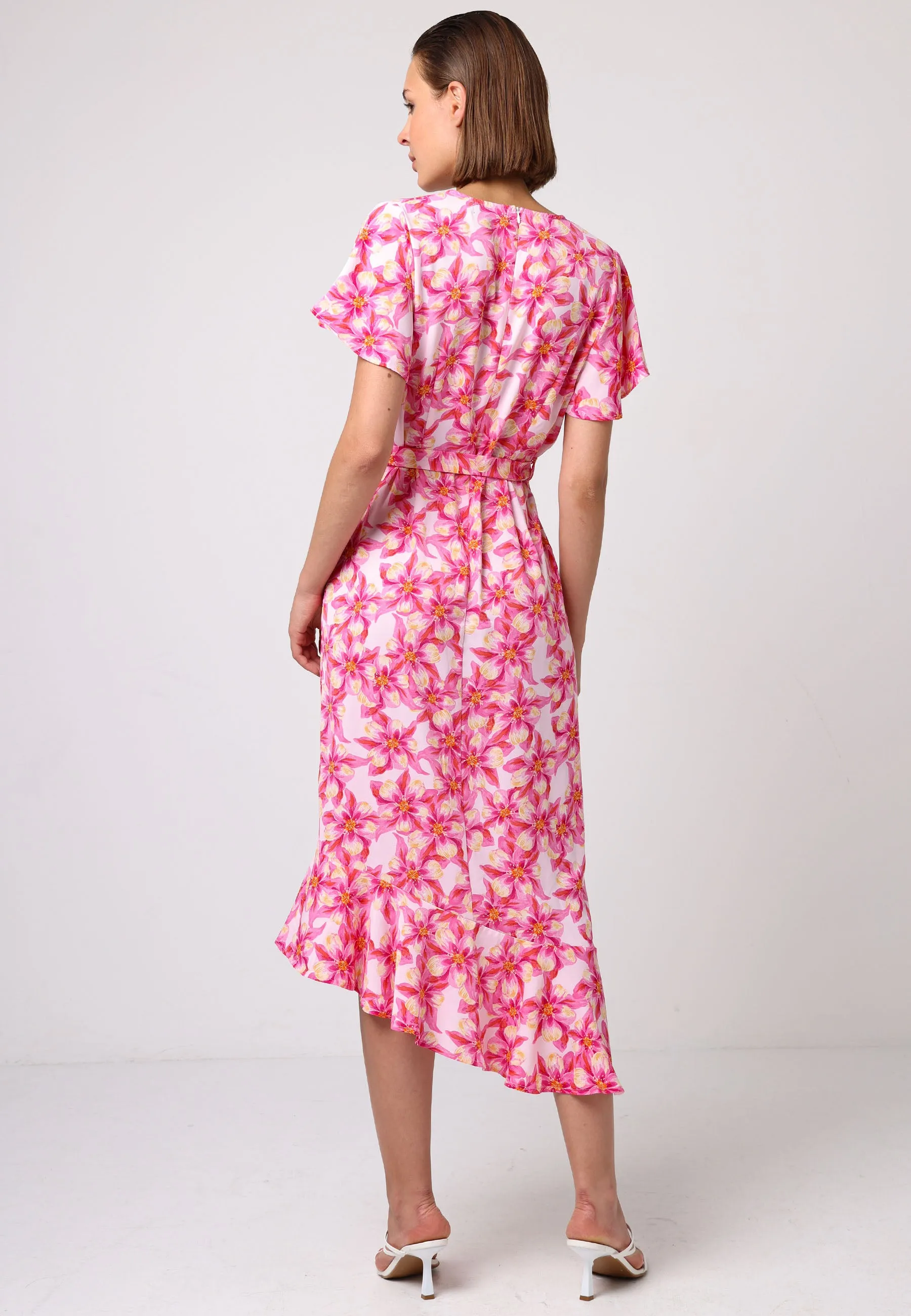 Faux Wrap Ruffled Bias Hem Midi Dress In Pink Floral Print